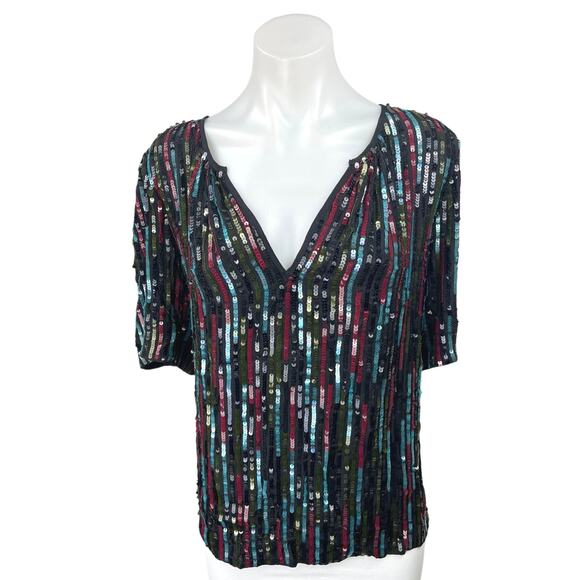 Velvet by Graham & Spencer Multicolor Sequin Metallic Short Sleeve Blouse Top XL - Picture 4 of 8